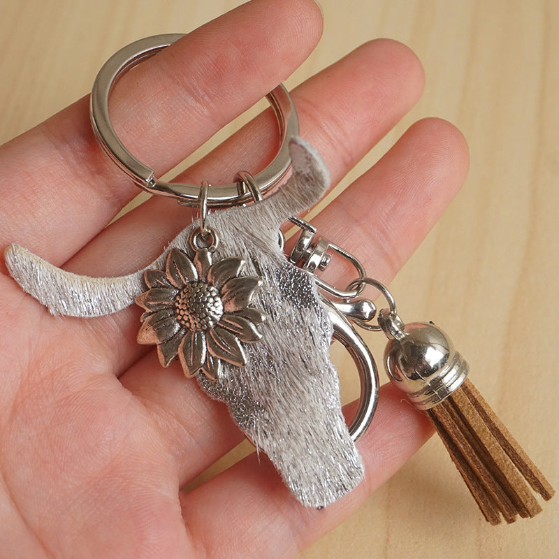 Wholesale 2pcs/pack Western Style Bull Head Cactus Leather Keychain